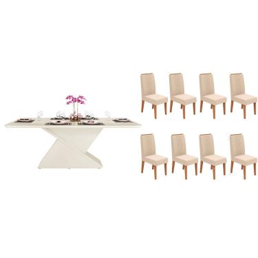 Imagem de Conjunto: Mesa Sala Jantar Zafira c/ Tampo Madeirado c/ Vidro Curvo 200x100cm e 8 Cadeiras Lia Off White - Freijo/Linho Neve - DJ Móveis