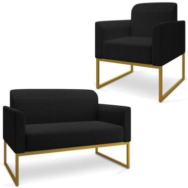 Imagem de Conjunto Namoradeira E Poltrona Linho Preto/Dourado