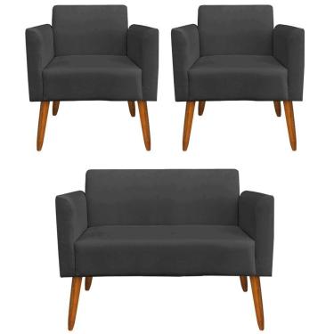 Imagem de Namoradeira E 2 Poltronas Pés Palito Madeira Suede Preto