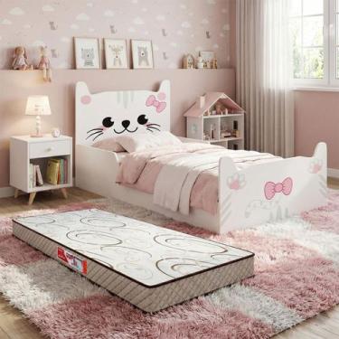 Imagem de Mini Cama Juvenil Gatinha Montessoriana Com Colchão Branca Rosa Menina