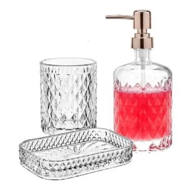 Imagem de Kit Banheiro Sabonete Líquido Copo Vidro Diamond Hauskraft
