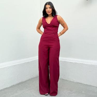 Imagem de Conjunto Top em V com Calça Pantalona Lívia Tecido Marrant Cor:Marsala