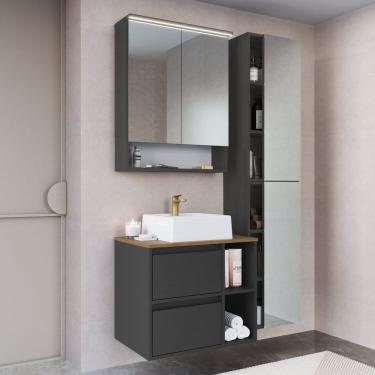 Imagem de Conjunto Gabinete para Banheiro Suspenso 96cm com 4 Peças Iluminação em Led e Cuba Mel/Grafite