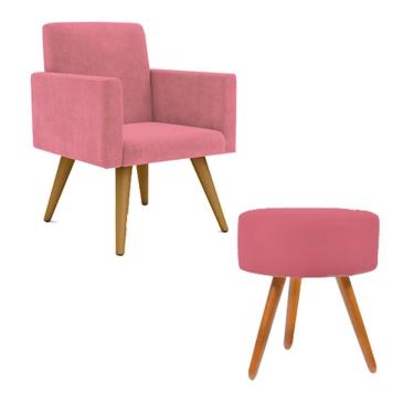 Imagem de Kit Poltrona Decorativa Nina com Puff Redondo Pés Palito Suede Rosa Balaqui Decor