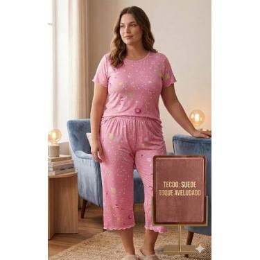 Imagem de Pijama Plus Size Suede Feminino Pescador Capri Blogueira 48 ao 54 Conf