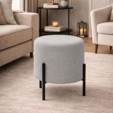 Imagem de Puff Luxor Redondo em Linho Pés de Ferro Design Minimalista Sala Moder