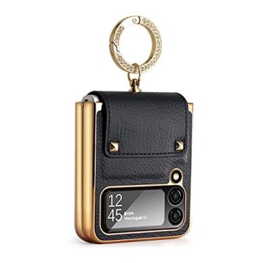 Imagem de MEOORHE Capa de telefone de couro de luxo com lente de vidro protetora para Samsung Galaxy Z Flip 3/Z Flip 4 5G Shell, capa de suporte de anel de ouro fashion (Z Flip 3, preto)