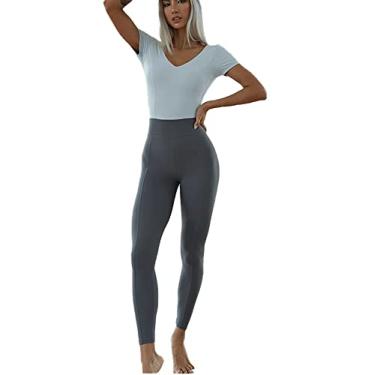 Imagem de Yajun Macacão feminino de ioga esportivo justo com controle de barriga para levantar o bumbum roupas de ginástica com almofadas macacão de manga curta, cinza, P (47 kg)