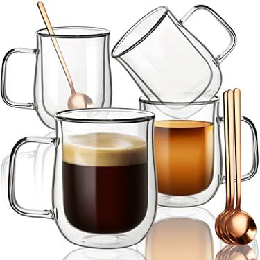 Imagem de Comfome Canecas de café de vidro de parede dupla, conjunto de 4 canecas de café de vidro transparente de 350 ml, caneca de café de vidro com isolamento duplo, canecas de vidro para bebidas quentes