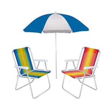 Imagem de Kit 2 Cadeira de Praia Alta Alumínio + Guarda Sol 1,80 Metros Aço - Mor - Azul