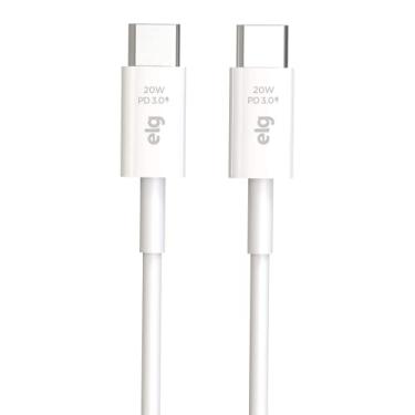 Imagem de ELG, TC20W, Cabo USB Tipo-C para Tipo-C, Carga e Sincronização, Corrente 3A, Potência 20W, Power Delivery, Comprimento 1 metro, Branco