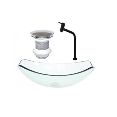 Imagem de CUBA DE VIDRO OVAL CHANFRADA 51CM JATEADO + VALVULA + TORNEIRA PRETA