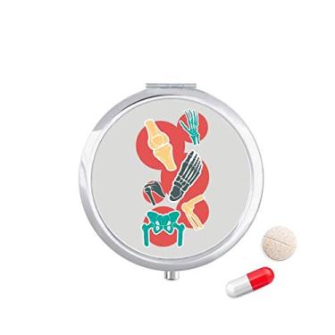 Imagem de Caixa de comprimidos com ilustração colorida, estrutura óssea, bolso para medicamentos, dispensador de recipiente