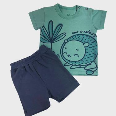 Imagem de Conjunto curto bebê camiseta verde estampada porco espinho e shorts azul liso com bolso