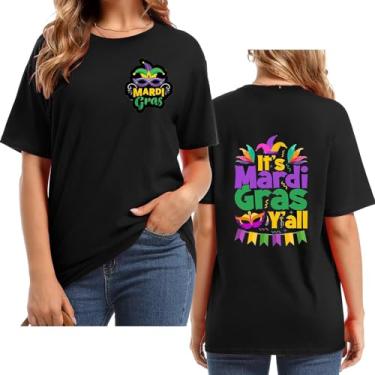 Imagem de UIFLQXX Camiseta feminina It's Mardi Yall com estampa de letras, gola redonda, manga curta, plus size, roupa casual para festa de carnaval, Preto, M