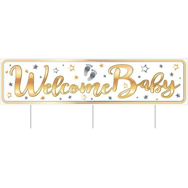 Imagem de Beistle Placa de plástico durável Jumbo Welcome Baby Yard com estacas de metal decorações de gramado ao ar livre, 29,8 cm x 119,4 cm, branco/ouro/preto/cinza