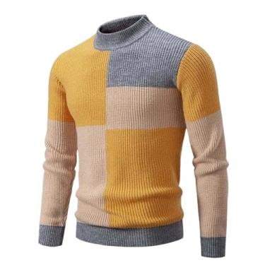 Imagem de Aoleaky Suéter masculino de malha de retalhos de gola redonda pulôver casual slim casual outono wintr tricô masculino, Cáqui amarelo, X-Small