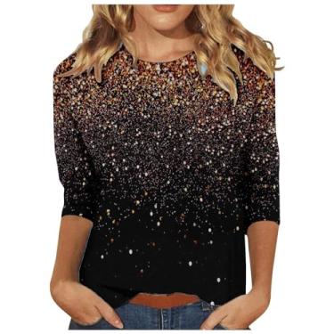 Imagem de Camisetas femininas de manga 3/4 com estampa gradiente de glitter 2024 blusas casuais soltas confortáveis, Dourado, XXG
