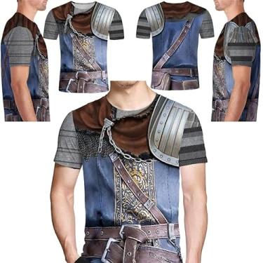 Imagem de Camiseta masculina retrô medieval Knight Armor verão cosplay roupas soltas vintage manga curta moda estampada camiseta gola redonda, Cinza, XXG