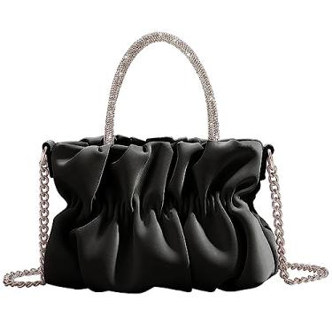 Imagem de MOMOJULI Bolsa feminina para noite, alça de strass, bolsa franzida de couro macio, bolsa tiracolo para festa de casamento, Preto, Small