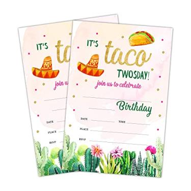 Imagem de LWBEO 20 cartões de convite de aniversário com envelopes, convite de celebração de feliz aniversário para meninos ou meninas, suprimentos para festa de aniversário de tacos de cacto do México -A38