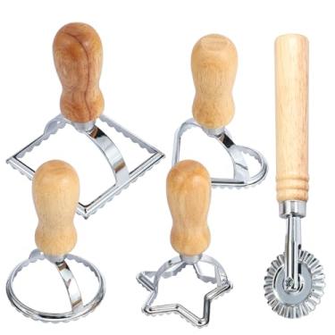 Imagem de 5 peças de cortador de carimbos de ravióli, kit inicial fácil de ravioli com conjunto de rolo, molde com de madeira e molde de borda canelada para biscoitos, bolinhos, lasanha, pierogi, macarrão