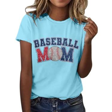 Imagem de Camiseta feminina de beisebol com estampa de letra MOM, manga curta, gola redonda, presentes engraçados, túnica, camiseta de verão, Azul claro, P
