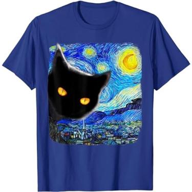 Imagem de Camiseta unissex com estampa de gato Starry Night Cat, Van Gogh Cat Art Lover, Cat Mom Dad, Azul, XXG