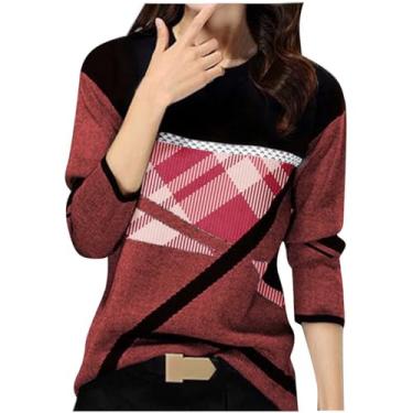 Imagem de Homisy Camisa xadrez de manga comprida feminina patchwork em blocos de patchwork, blusas soltas, túnica, blusas modernas de primavera 2024, Vinho, G