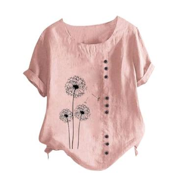 Imagem de Camisetas femininas casuais de verão de linho de algodão manga curta gola redonda camisetas estampadas florais grandes, rosa, 3G