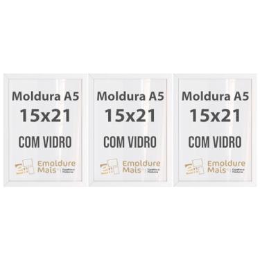 Imagem de Kit 3 Porta Retrato 15x21 Moldura de Madeira com Vidro Tamanho folha A5 Preto Branco Dourado Prata Tabaco para Fotos e Quadros decorativos (Branco, apoio de mesa)