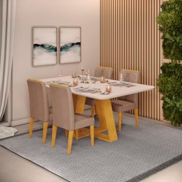 Imagem de Conjunto Sala de Jantar 4 Cadeiras Tampo Curvo Dj Móveis Kiara Cedro Yasmin Veludo Kraft