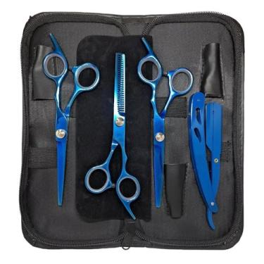 Imagem de Kit Barbeiro Aço Inox Cabeleireiro Tesouras Navalha Pentes Barbearia Corte Masculino Profissional Barbeiro Cabeleireiro - Upshop (Azul)