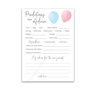 Imagem de Cartões de previsão e conselhos de revelação de gênero - Pacote com 25 - Balões minimalistas azul ou rosa jogos de chá de bebê, novos pais, mãe e pai, mensagem de mamãe e papai, livro de lembrança de