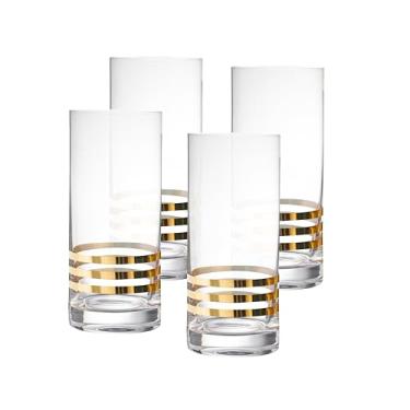 Imagem de Barski Highball - Vidro - Conjunto de 4 - Copos Hiball - Vidro de Cristal - Três Listras Douradas - Copos para Beber - para Água, Suco, Vinho, Cerveja e Coquetéis - 325 ml Feito na Europa