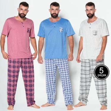 Imagem de Kit 5 Pijamas Masculino Blusa Manga Curta Calça Longa Estampada - WLS 