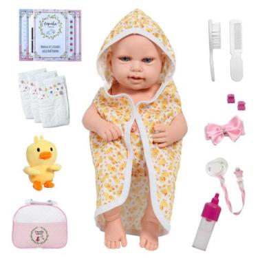 Imagem de Boneca Reborn Com Bolsa Itens Roupão de Patinho e Pelúcia - Cegonha Re