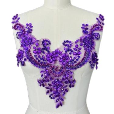 Imagem de Succi Shan Remendos de pérolas de contas de flores de renda, apliques de strass costurados para decote de roupas de vestido (Roxo)
