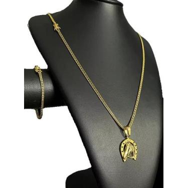 Imagem de Kit grumet 3mm + pingente ferradura - banhado a ouro 18k - ToJoia18k