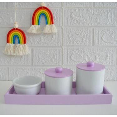 Imagem de Kit Higiene Bebê Porcelana Tampa Bandeja Mdf Lilás Bancada - Ciranda A