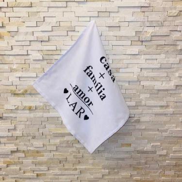 Imagem de Pano de Prato Sacaria Premium Branco - Frase: Casa + Família + Amor = 