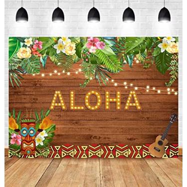 Imagem de Fanghui Pano de fundo para festa Aloha de 2,1 x 1,5 m, flores tropicais havaianas luau, escultura de madeira, decoração floral, fundo, Happy Birthday para chá de bebê, suprimentos para cabine de fotos