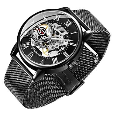 Imagem de Dentily Relógio Esqueleto Masculino Clássico Numeral Romano Steampunk Relógio Mecânico Relógio Masculino com Vento Manual (Azul), Preto, Mecânico, relógio esqueleto