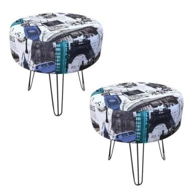 Imagem de Kit 02 Puff Banqueta Rio Redondo Estampado Paris Azul Pés De Aço Arama