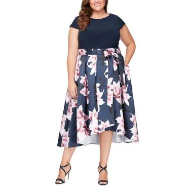Imagem de S.L. Fashions Vestido feminino plus size com comprimento de chá e gola redonda, Azul-marinho rosa claro, 50