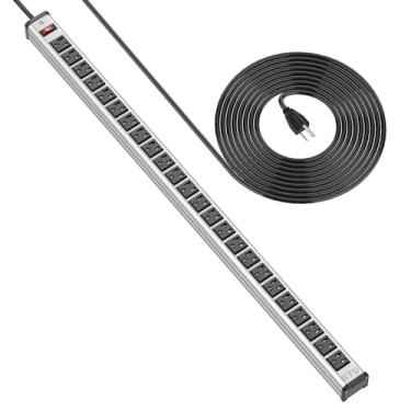 Imagem de BTU Régua de alimentação longa e resistente, 24 tomadas, grandes tiras de metal para garagem, oficina, tiras industriais comerciais com disjuntor. Cabo de 3 m 15 A 125 V 1875 W (prata)