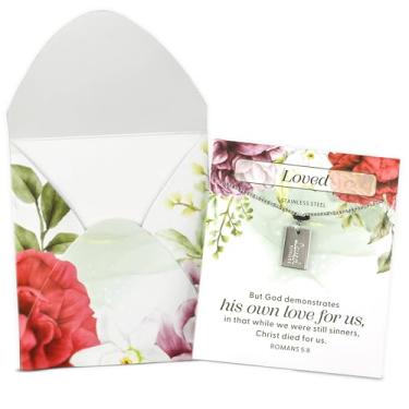 Imagem de LO·GOS TRADING POST Colar com pingente de aço inoxidável Loved ROMANS 5:8 com cartão e envelope inspiradores – Colar feminino com versículo bíblico prateado de 45,7 cm – Costas vazias – Joias Faith