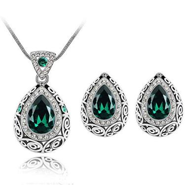 Imagem de Conjunto de joias de cristal AILUOR Fashion Waterdrop com nó celta retrô vintage com pingente de gota de água verde gota de água e pingente de colar de brincos de joia para mulheres, mãe noiva, casamento Verde