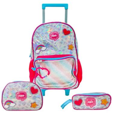 Imagem de Kit Mochila De Rodinhas Lancheira Estojo Happy Gliter Escola
