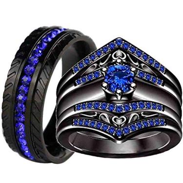 Imagem de ringheart Conjunto de alianças de casamento femininas com corte redondo preto e ouro preto Cz design de pneu aliança de casamento masculina de titânio (compre dois anéis para um par), Cristal Metal